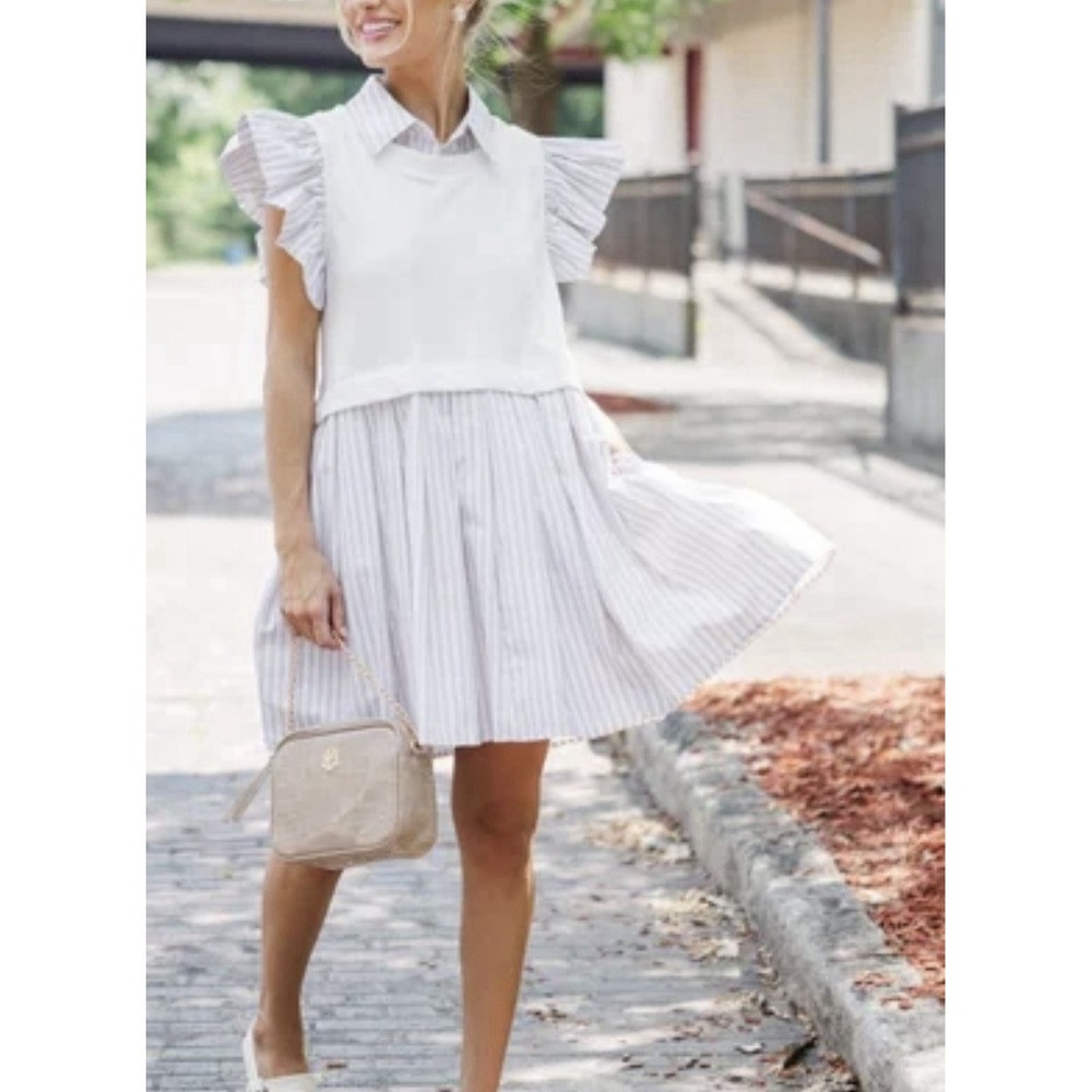 Entro Out For Fun Sand Striped Pleated Ruffle Shirt Dress Women's Size Large - Picture 4 of 14